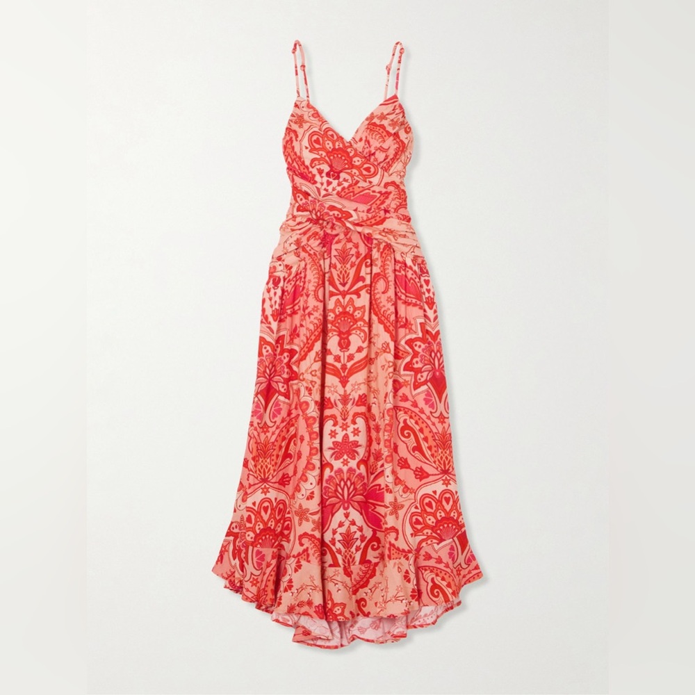 NWOT Farm Rio Red Jaipur Ruched Printed Linen Maxi Dress, Size XS